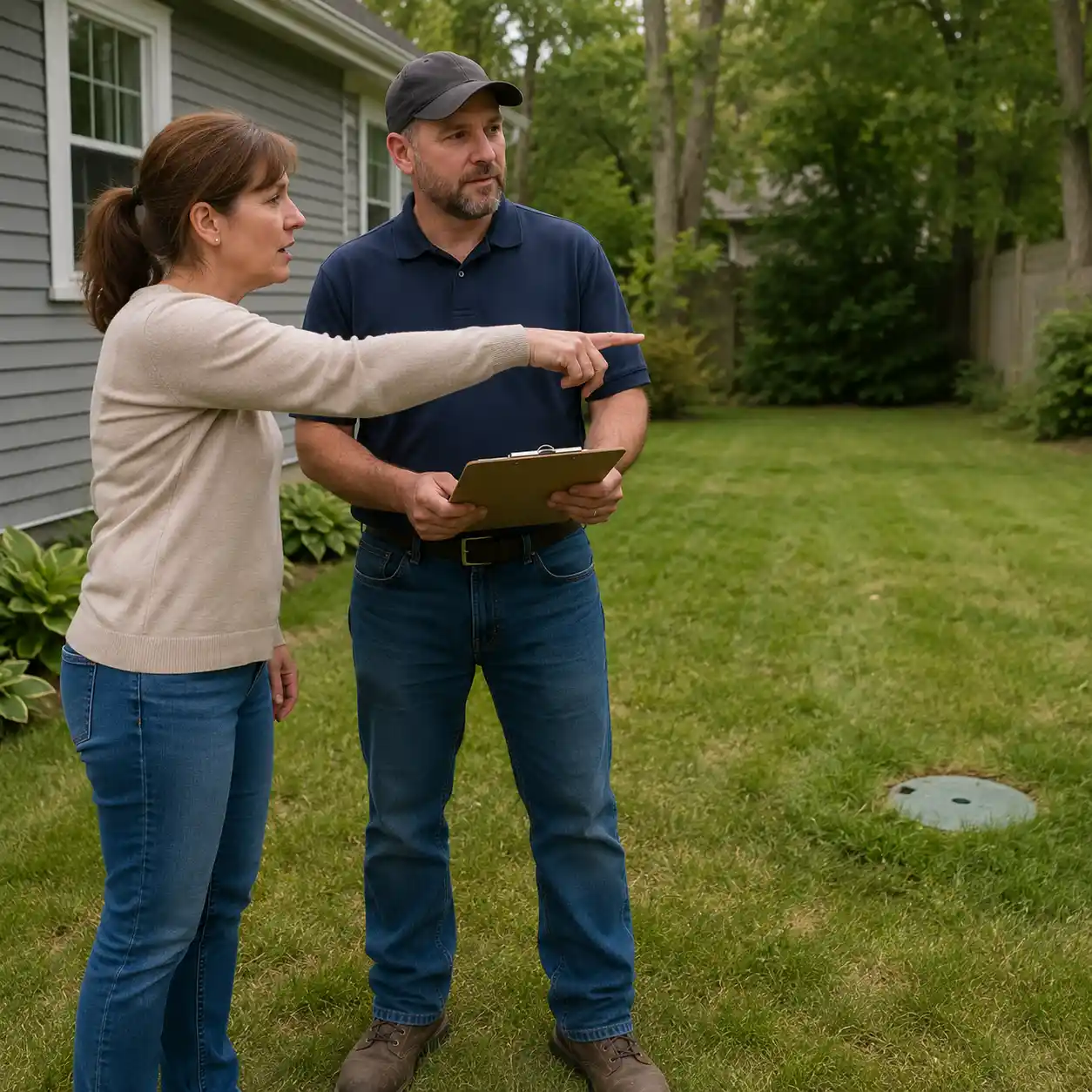 Kyle Miller, founder of Asheville Septic Services, discussing a service plan with a homeowner