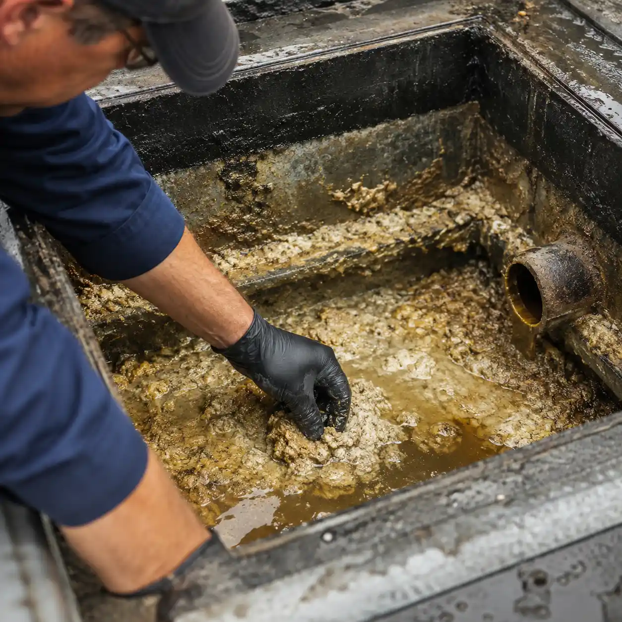 Inspecting a grease interceptor for buildup near Asheville, NC