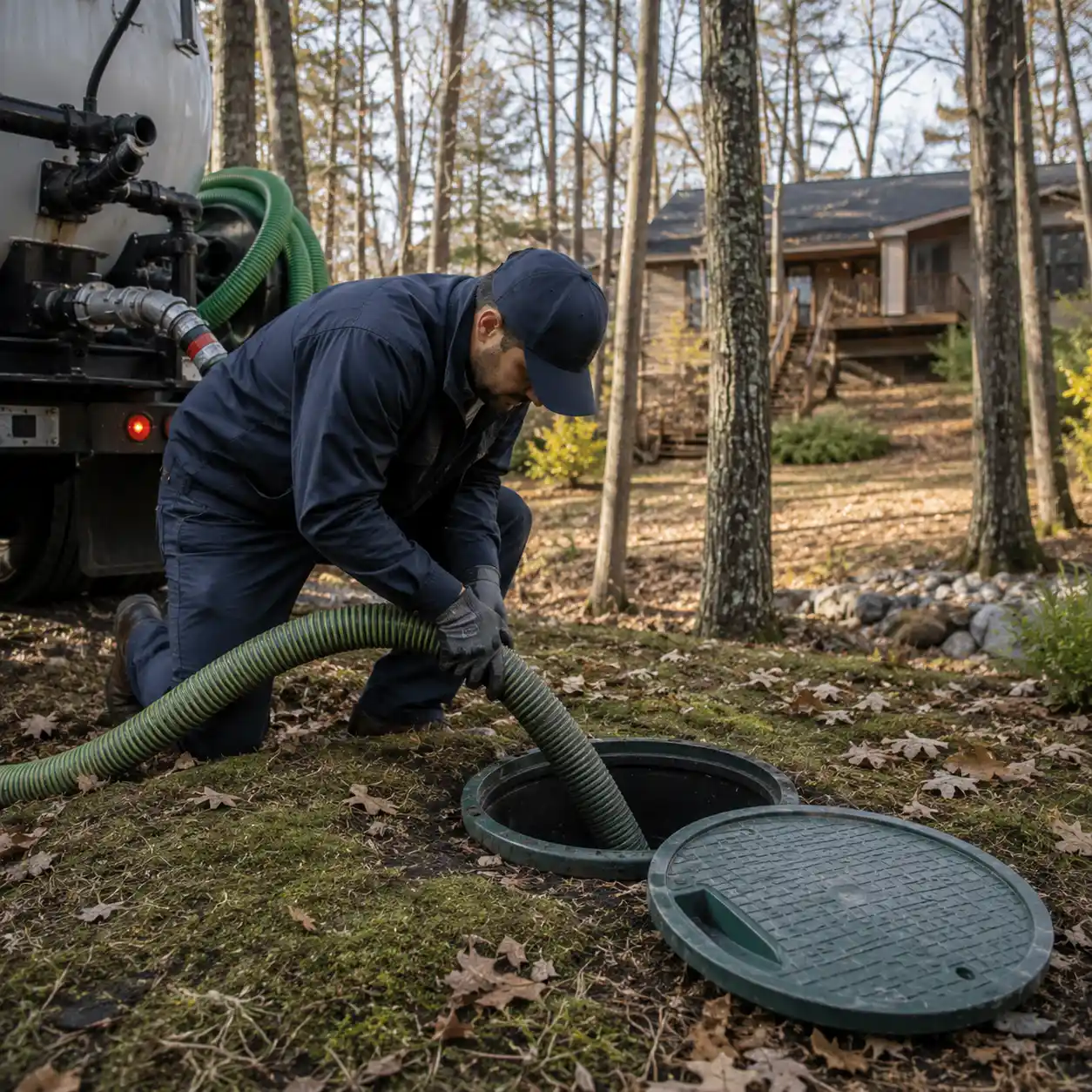 Septic tank pumping at a wooded property near Asheville, NC