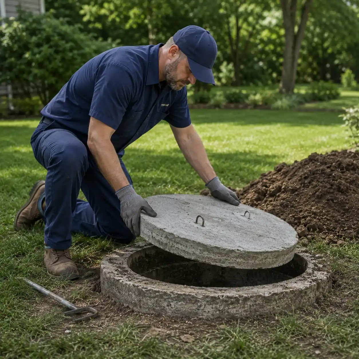 Removing a septic tank lid to check for buildup near Asheville, NC