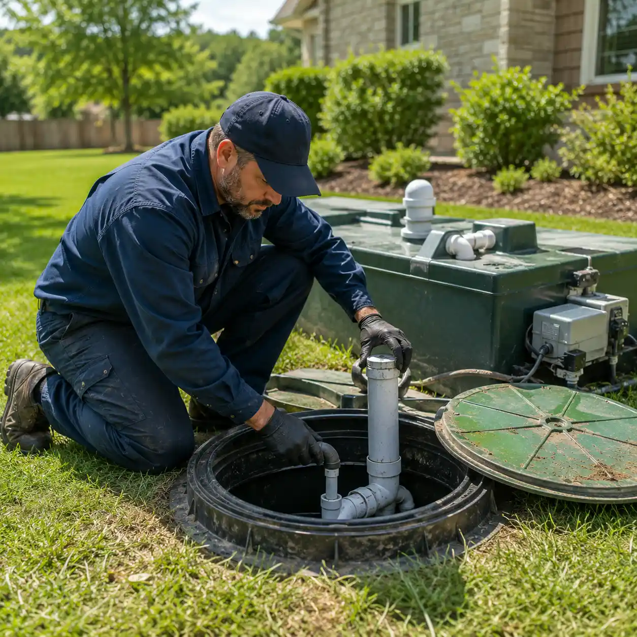 Technician performing a routine septic inspection near Asheville, NC