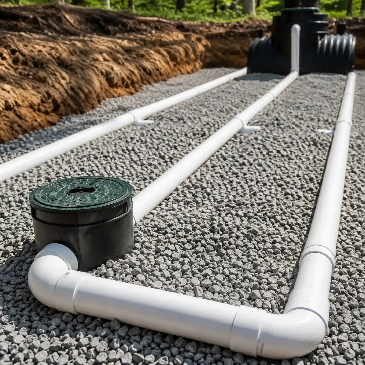 Gravel and piping being laid for a commercial septic system near Asheville, NC