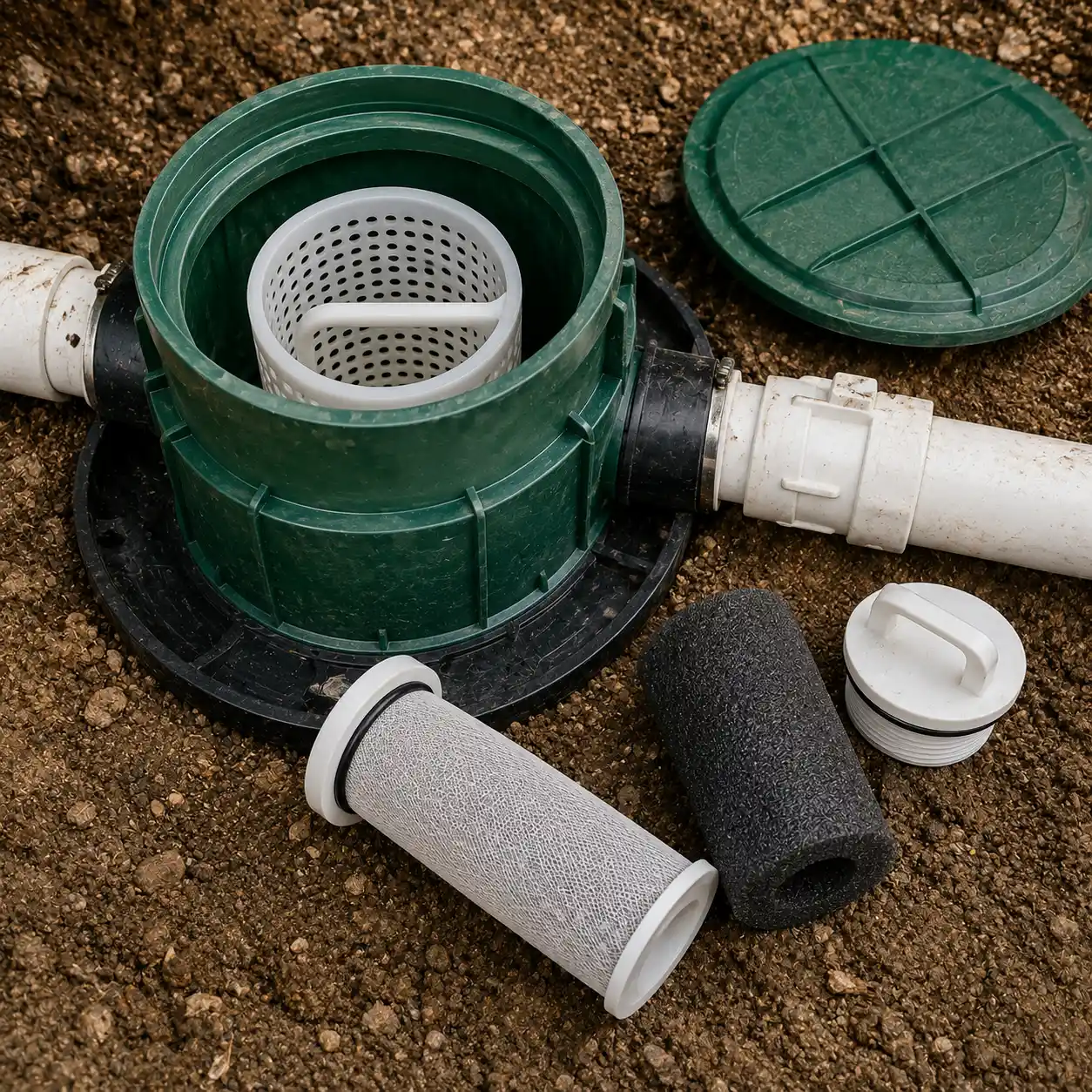 Diagram of septic system parts, including the pump and alarm components
