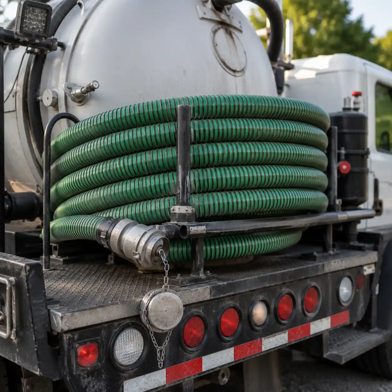 Septic pumping truck with hose connected to a tank near Asheville, NC