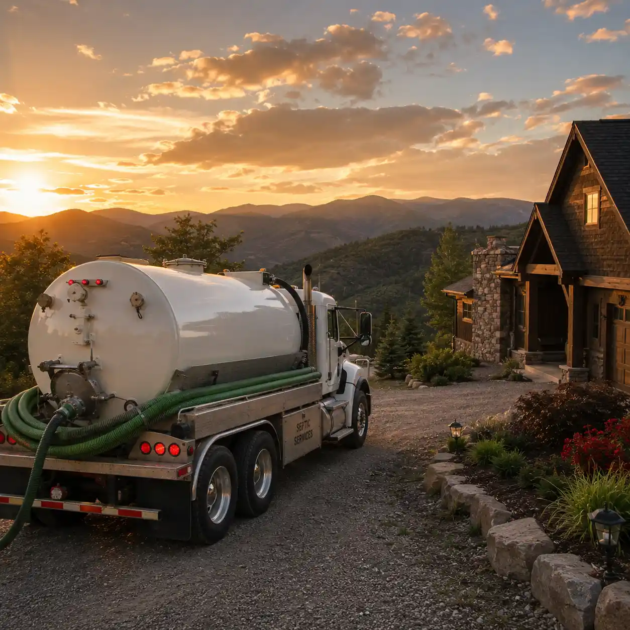 Asheville Septic Services truck on the road at sunset