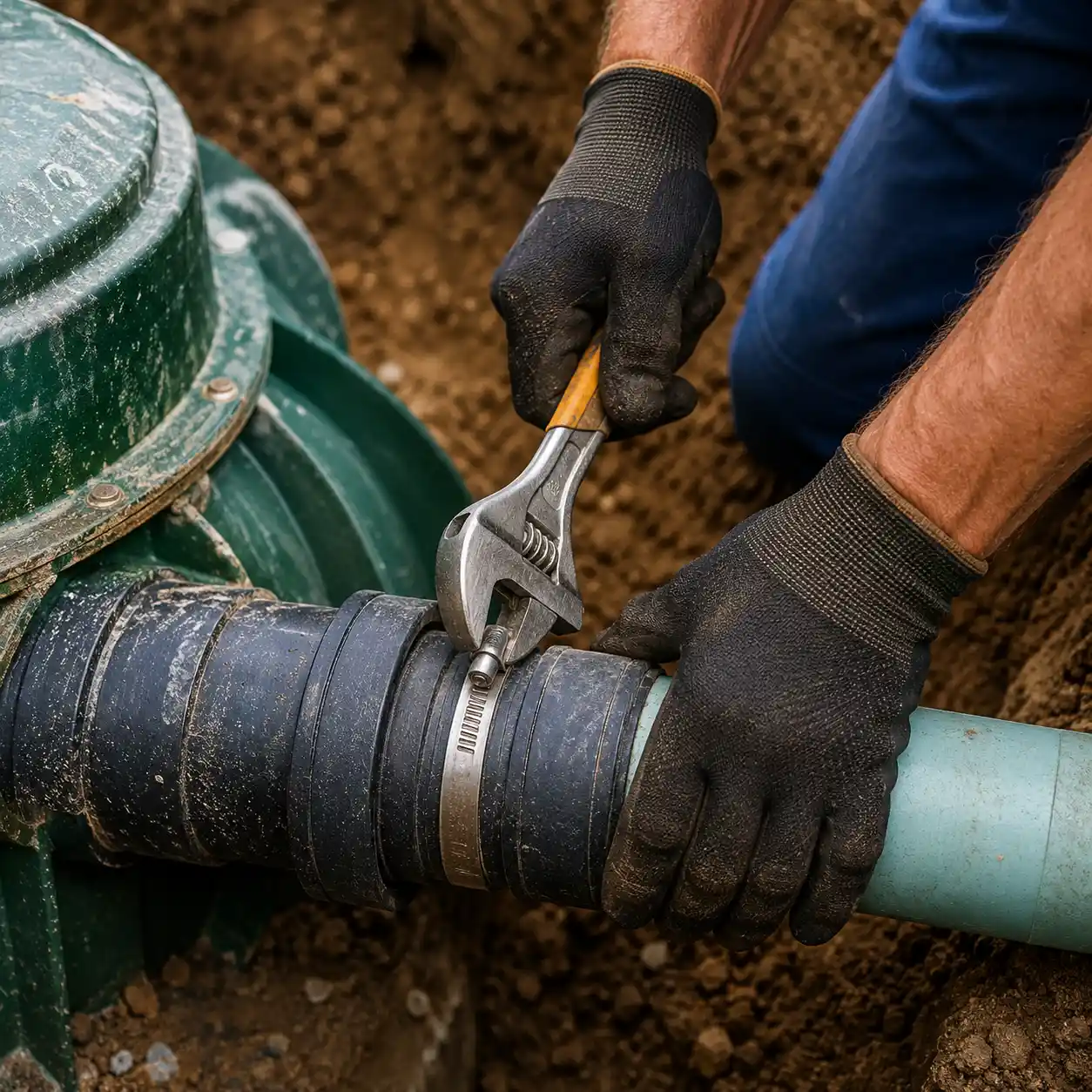 Technician tightening pipe connections during a drain field repair near Asheville, NC