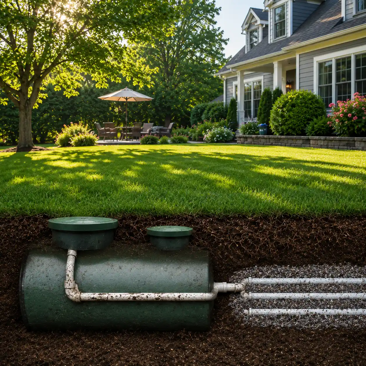 Cutaway view of an underground septic tank installation near Asheville, NC